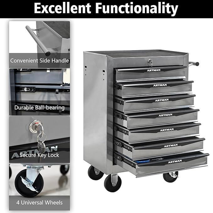 RYH 4-7 Drawers Rolling Tool Chest & Tool Box on Wheels | Heavy Duty Metal Cart with Ball Bearing Drawers | Fits US General Tool Box for Garage Storage (Silver, 7 Drawers£¨30.5 H ¡¿ 20.9 W ¡¿ 13 D)