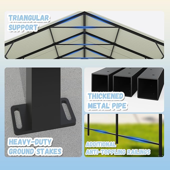 Greesum 10x15FT Metal Carport with Heavy Duty Frame and Galvanized Steel Roof, Round Carports with Side Support Rods, Canopy Shelter for Car, Pickup Trucks, Boats and Tractors, Party, Gray