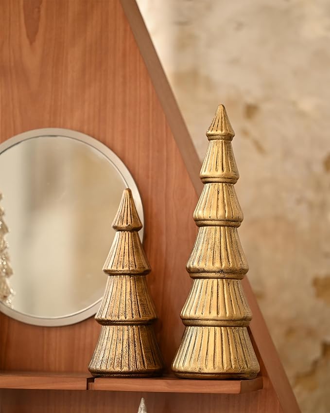 WONDROUS' DECO Christmas Tree Figurine Gold Wooden, Tree Figurines Decorative for Tabletop, Small Glittered Golden Xmas Trees Figurines for Christmas Mantle Indoor Decor