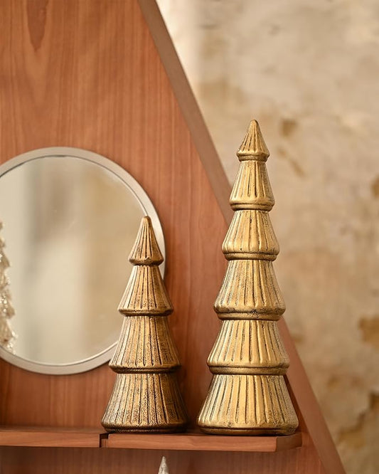 WONDROUS' DECO Christmas Tree Figurine Gold Wooden, Tree Figurines Decorative for Tabletop, Small Glittered Golden Xmas Trees Figurines for Christmas Mantle Indoor Decor