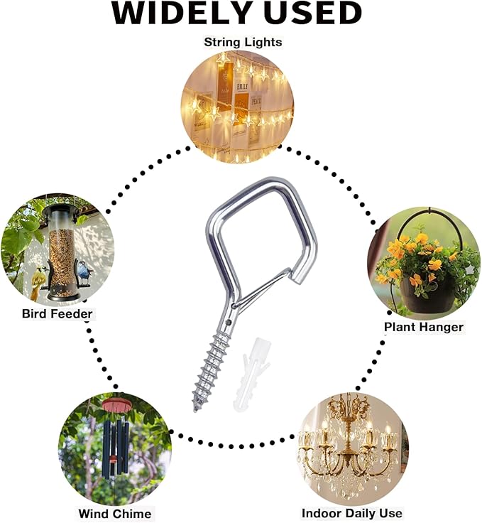10 PCS Eye Screw Hooks for Hanging Heavy Duty with Safety Buckle.Metal Ceiling Hooks for Hanging Plants,Cup,Wind Chime,Bird Feeders,christmas String Lights at Indoor&Outdoor,2.36 Inch(No Drill Bit)