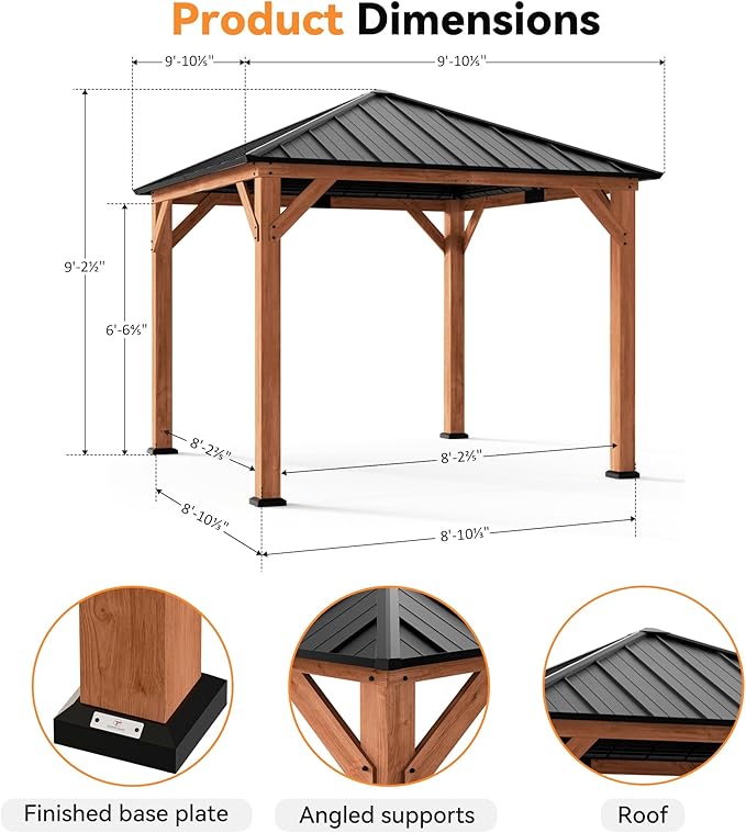 Modern Shade Tranquil Grove Wood Gazebo 10' x 10', Grill Gazebo with Galvanized Steel Roof, Mosquito Netting and Curtains, Permanent Hardtop Pavilion with Sturdy Hooks for Garden, Backyard