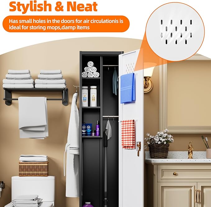 Aobabo Metal Broom Closet Storage Cabinet with Wheels, 72'' Tall Steel Cleaning Tool Cabinet for Garage with Pegboards and Hooks,Black and Grey,Assembly Required
