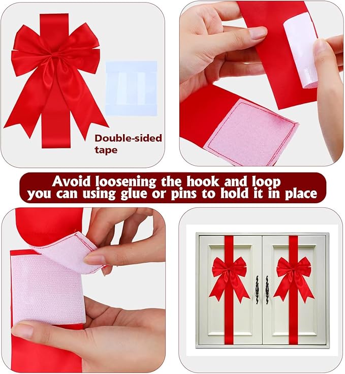 BBTO 6 Pcs Christmas Cabinet Door Red Festive Ribbons 8x40 Inches Large Bow Christmas Wreath Tree Bow Festival Wrapping Decorations for Home Fireplace Door Holiday Party Supplies