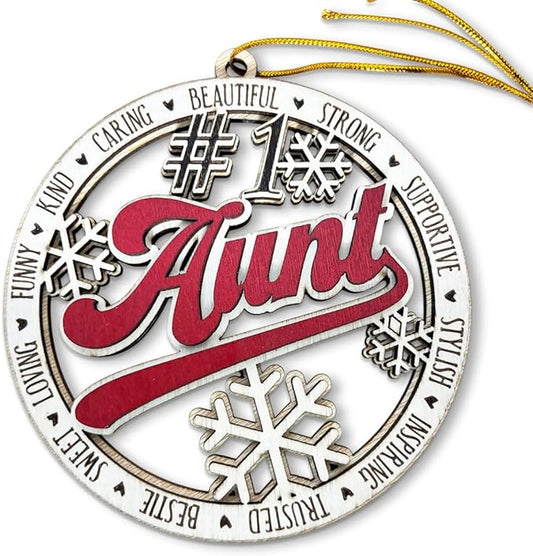#1 Aunt Wooden Christmas Ornament – Best Aunt Holiday Tree Hanging Decoration, Rustic Family Xmas Gift with Snowflakes & Words