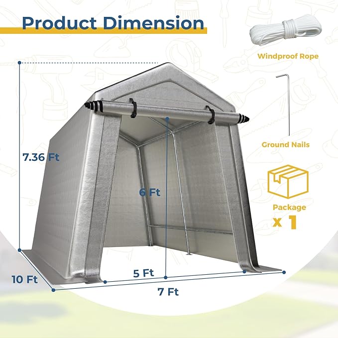 7 x 10 FT Carport, Portable Shed w/220G Heavy Duty Waterproof PE Tarp, Roll-up Zipper Door & Vent, Weather-Resistant Storage Shed for Motorcycle, Bike and Tools, Gray