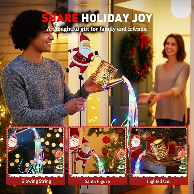 Christmas Santa Solar Kettle Lights Garden Lawn Decorative Lights, Hanging Metal Solar Santa Claus Watering Can Light for Outdoor, Xmas Yard Decor Lamp Vintage Lantern for Patio Path (Multi)