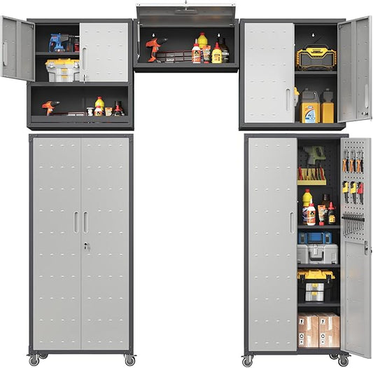 Metal Tool Cabinet,Garage Storage Cabinet System,Wall Cabinet & Locking Rolling Tool Cabinet with Doors and Adjustable Shelves,Steel Tool Cabinets for Home (5 Pcs-StyleA, Black & Grey)