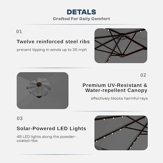 13FT Double-Sided Patio Umbrella with 48 Solar LED Lights, Large Rectangular Outdoor Market Umbrella with Crank Handle, Vented Canopy, Heavy-Duty 12 Rib Steel Frame, for Backyard, Garden, Pool, Grey