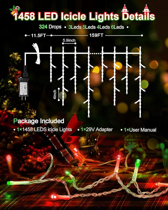 159 FT Christmas Lights Outdoor, 1458 LED Waterproof Outside Christmas Lights Plug in, Timer & Memory, 8 Modes Fairy Lights with 324 Drops for House Eaves Yard Patio Decorations, Red and Green
