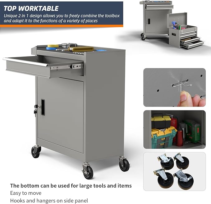 5-Drawer High Capacity Rolling Tool Box, Removable Cabinet Storage Tool Chest with Wheels and Drawers, Detachable Toolbox with Lock for Mechanics Garage Workshop and Tool Room (Grey)