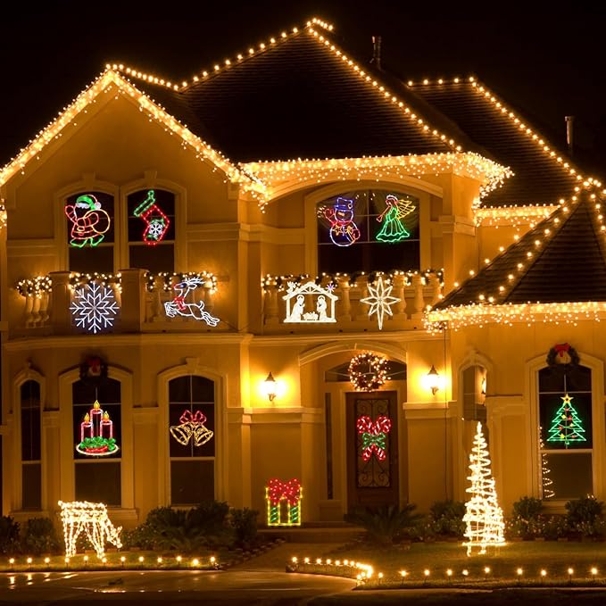16" Christmas Window Silhouette Lights Decorations - 6 Pack Colour Lighted Candy Cane ＆ Snowman ＆ Christmas Stocking ＆ Bell ＆ Gift Box ＆ Snowflake for Holiday Wall Door Window Decorate
