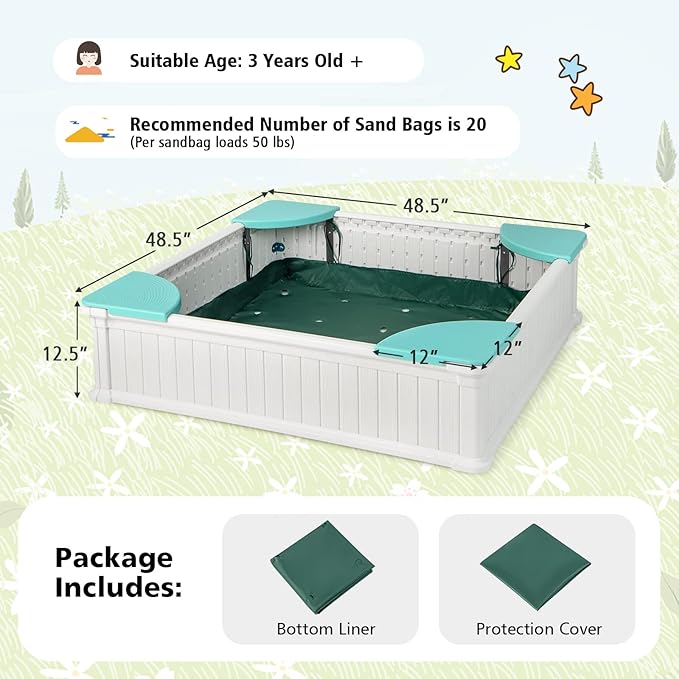 Costzon Kids Sandbox with Cover, 4ft x 4ft HDPE Sandpit with Oxford Cover, Bottom Liner, 4 Corner Seats, Weather Resistant Outdoor Sand Pit for Backyard Lawn Garden Beach (White)