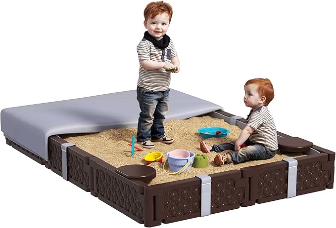 Qaba Kids Sandbox with Cover, Rectangular 73 HDPE Large Sand Pit with 4 Seats, Waterproof Bottom Liner, Weather Resistant Outdoor Sand Box for Backyard, Lawn, Garden, Beach, Patio, Brown