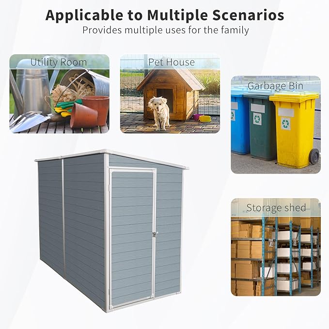 4x8 FT Resin Storage Sheds Outdoor with Floor, 2 Windows & Lockable Door Storage Shed - Waterproof Garden Tool Shed, Patio & Backyard Tool Storage Cabinet Use - Grey