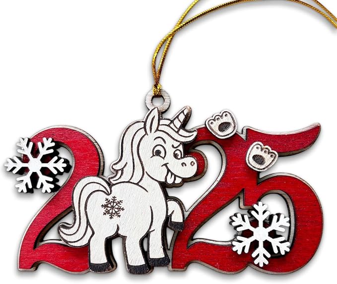Unicorn 2025 Wooden Christmas Tree Ornament – Cute Fantasy Horse Holiday Decoration for Girls & Kids, Magical Unicorn, Wooden Xmas Ornament for Tree, Friends & Family