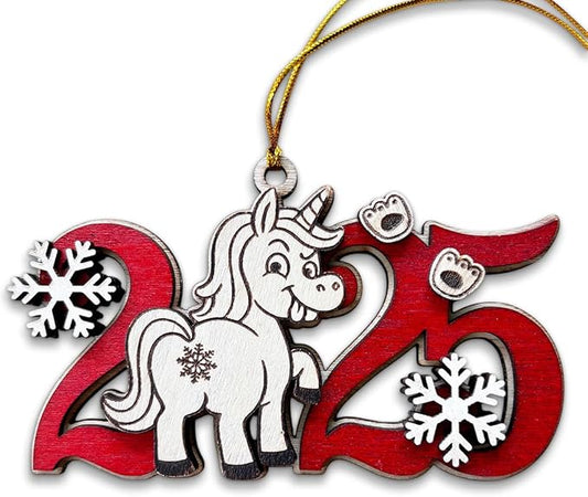 Unicorn 2025 Wooden Christmas Tree Ornament – Cute Fantasy Horse Holiday Decoration for Girls & Kids, Magical Unicorn, Wooden Xmas Ornament for Tree, Friends & Family