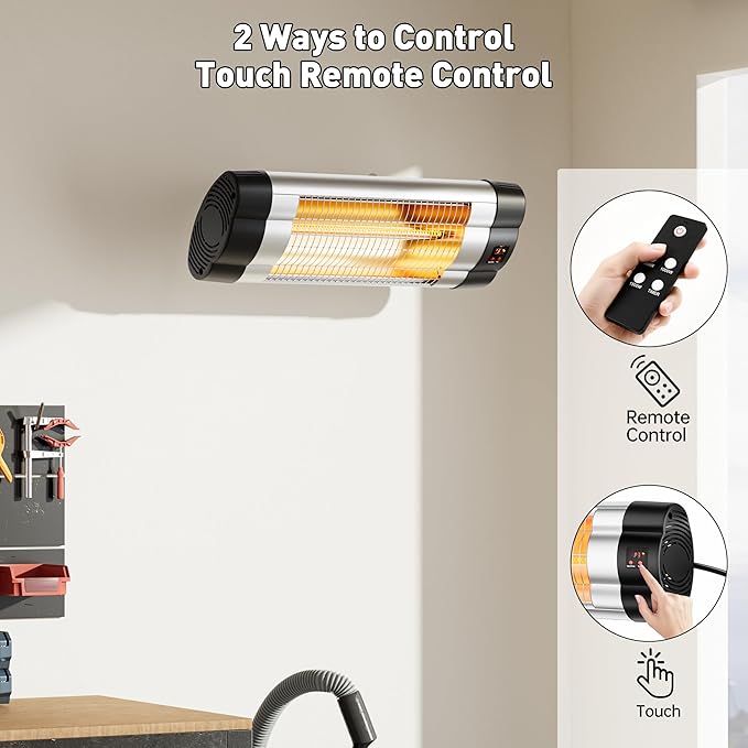 Wall Mounted Infrared Heater with 1 Seconds Instant Warmth, Quiet Electric Radiant Heating for Garage Greenhouse Porch, 1500W Adjustable Temperature Patio Heater