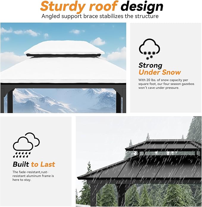 Modern Shade Grill Gazebo 6' X 8', Aluminum BBQ Gazebos with Shelves and Ceiling Hook, Grill Canopy Hardtop with Galvanized Steel Roof, Extra-Wide Column Design, Outdoor Grill Gazebo for Patio, Black