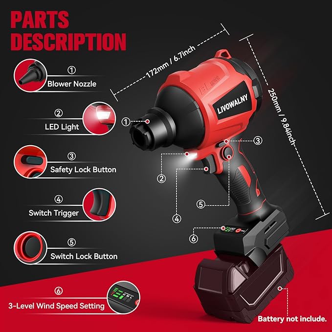 LIVOWALNY Cordless Air Pump Dust Blower Compatible with Milwaukee 18V Battery, Brushless Air Duster Compressed Air Mattress Pump w/ 3 Speeds & 7 Nozzles & 447 MPH/39 CFM for Workshop Cleaning
