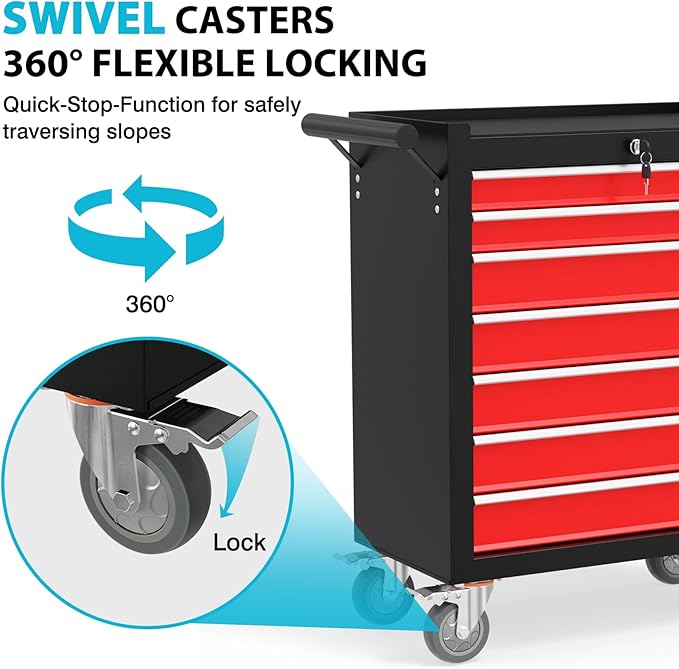 7 Drawers Rolling Tool Box, Portable Storage Tool Chest with Wheels, Toolbox with Lock for Warehouse, Garage, Repair Shop and Tool Room (BlackRed)