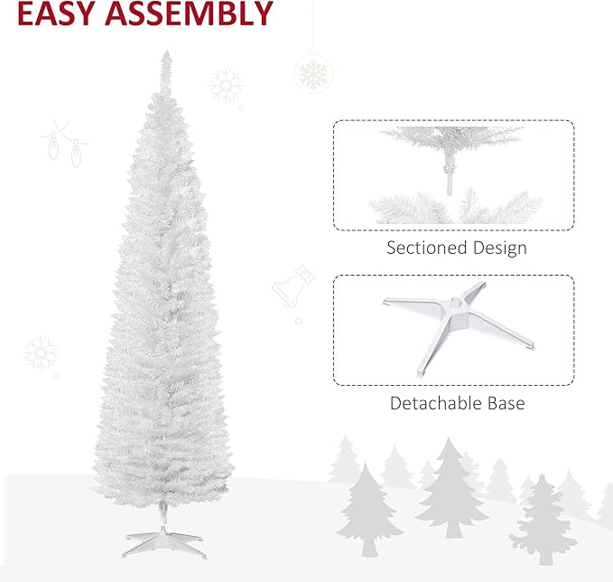 HOMCOM 7' Artificial Pencil Christmas Tree, Slim Xmas Tree with 499 Realistic Branch Tips and Plastic Stand, White