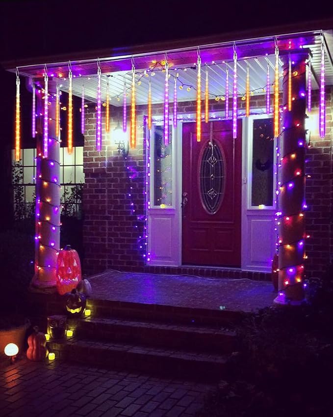 Flacchi Halloween Lights Outdoor 20 Tubes 480 LED Raindrop Meteor Shower Icicle Lights with Timer Function Cascading Light Falling Rain Light for Halloween Orange Purple