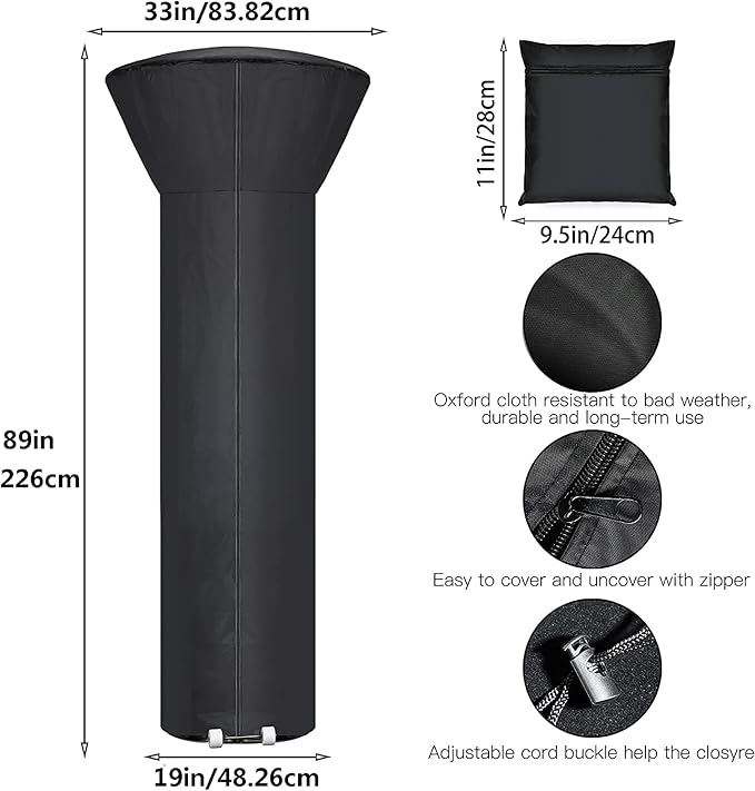 [2 Pack] Patio Heater Covers with Zipper and Storage Bag,Waterproof,Dustproof,Wind-Resistant,Sunlight-Resistant,Snow-Resistant,Black,89'' Height x 33 Dome x 19 Base