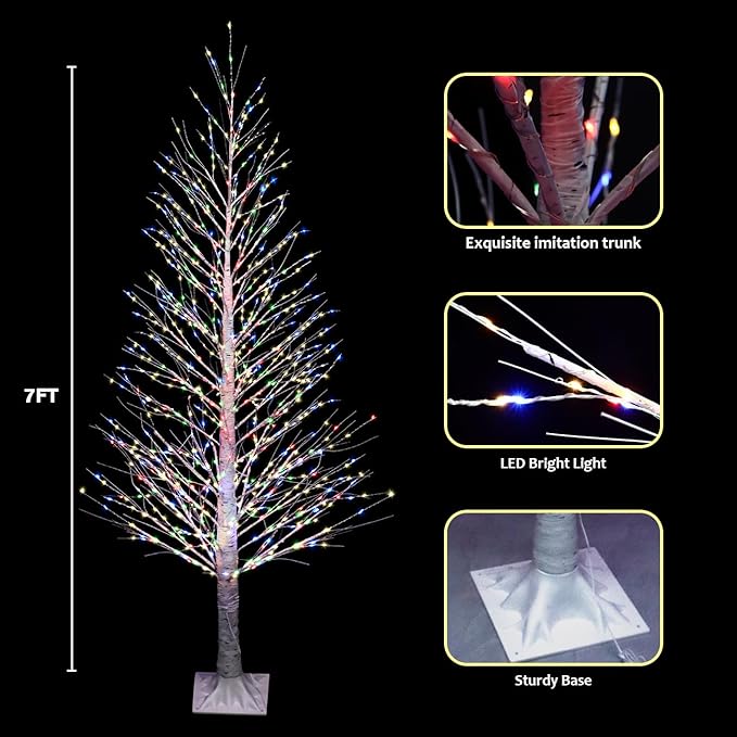 7FT Lighted Birch Tree 1000 LED Multicolor Light with Twinkle Lights, Twinkling or Steady Function for Selected, LED Christmas Tree with Lights for Indoor Outdoor Christmas Decoration