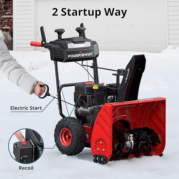PowerSmart 24-Inch Self-Propelled Two-Stage Gas Snow Blower with 208cc B&S Engine, Electric Start, 13-Inch Snow Tires, Handle Warmer, and LED Lights
