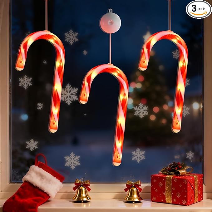 3 Pack Christmas Window Lights Decorations with Timer,Battery Powered Red Lighted Candy Cane LED Sucker for Xmas 2026 Hanging Fireplace Window Indoor Decor