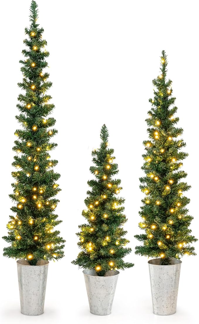 GOFLAME Set of 3 Pre-Lit Potted Christmas Trees, Artificial Pencil Christmas Tree Set 3Ft, 4Ft and 5Ft with Warm White LED Lights, Timer, Holiday Decoration Tree for Home Party