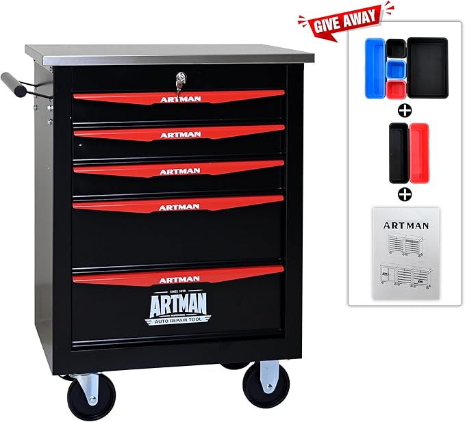 RYH 4/5/6/7 Drawers Rolling Tool Chest -Heavy Duty Mobile Metal Tool Box with Locking Wheels, with Stainless Steel Worktop, Garage Tool Storage Cabinet (Black, 5-Drawers 30.7 H¡¿22.2 W)