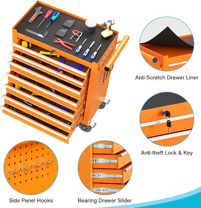 7 Drawers Rolling Tool Box, Portable Storage Tool Chest with Wheels, Toolbox with Lock for Warehouse, Garage, Repair Shop and Tool Room (Orange)