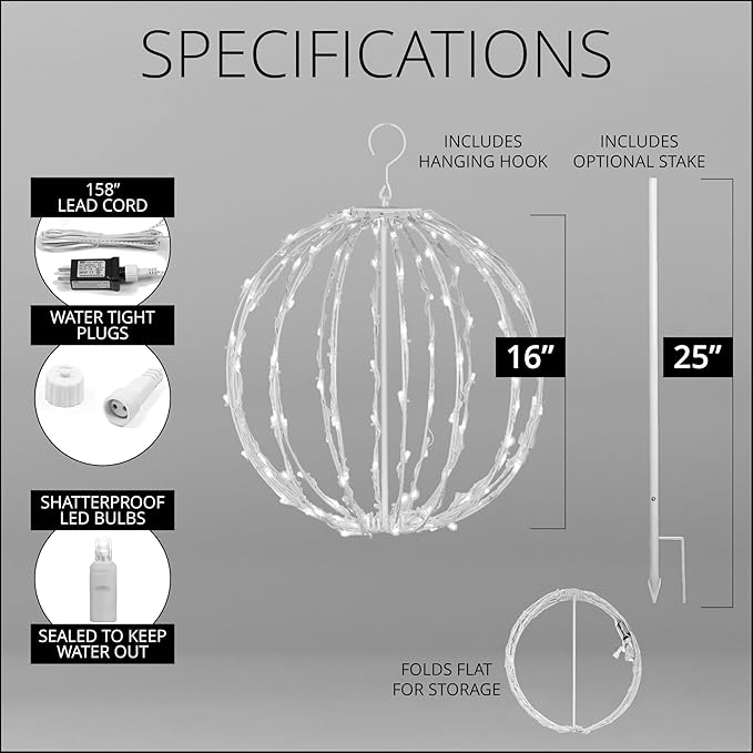 Wintergreen Lighting LED Light Ball – Indoor/Outdoor Christmas Light Balls, Light Spheres Outdoor/Sphere Light Fold Flat Metal Frame (16, White Frame/Cool White Lights)
