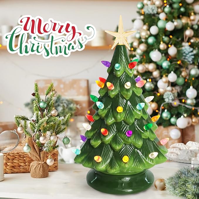 Ceramic Christmas Tree 12 Inch Tabletop Christmas Tree Vintage Christmas Decoration Battery Operated Mini Green Xmas Trees with Multicolored Lights