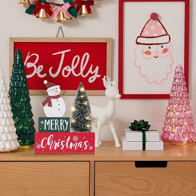 Christmas Decorations for Home LED Lighted Christmas Tree Decor with Timer Farmhouse Snowman Wooden Table Sign Vintage Holiday Xmas Party Winter Tiered Tray Signs