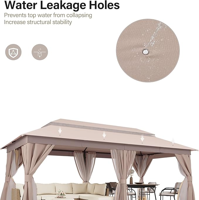 LAUSAINT HOME Semi-Permanent Patio Gazebo 10'x20' with Expansion Bolts, Outdoor Heavy Duty Party Tent with Double Roofs, Nettings and Privacy Screens for Backyard, Garden, Lawn, Champagne Khaki