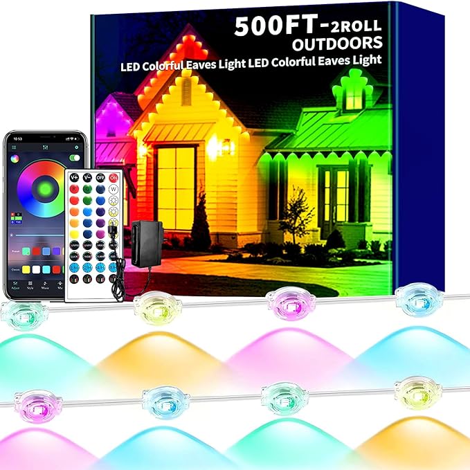Permanent Outdoor Lights 500FT Smart Outside RGB LED Christmas Light, App Control Remote IP67 Waterproof Eternity Eaves Lighting for Halloween，House，Patio Decor ，Garden Decor, Decorations（2*250ft)