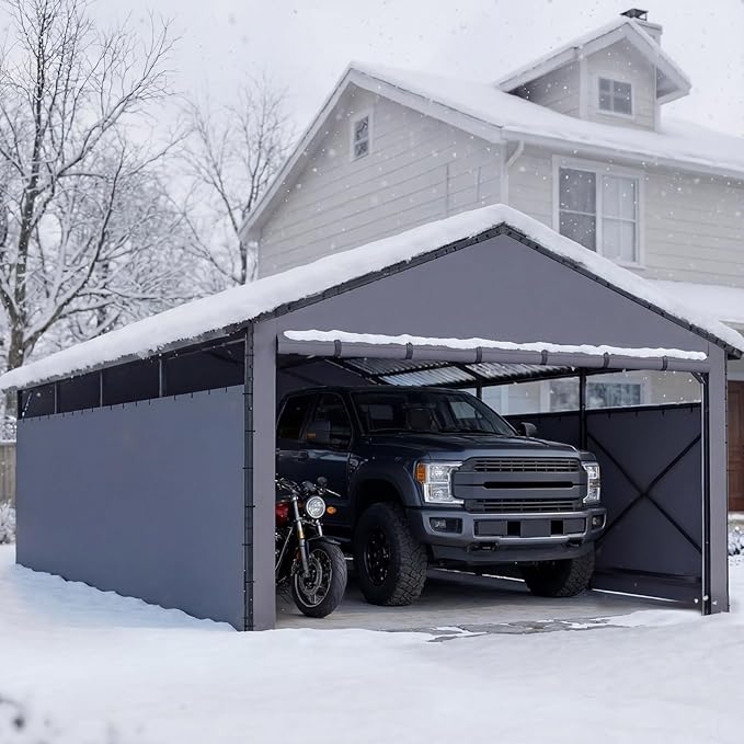 Redlife 11x21 FT Metal Carport, Heavy Duty Steel Frame Garage Shelter with Sloped Metal Roof, 3-Layer 201D Oxford Fabric Sidewalls, UV & Snow Resistant Outdoor Car Canopy for Cars, Trucks & Boats