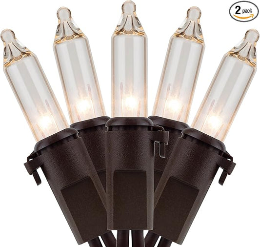 YULETIME Clear Christmas Lights with Brown Wire, 66 Feet 200 Count UL Certified String Lights, Pack of 2 Sets 33 Ft 100 Count Incandescent Mini Light Set (Clear)