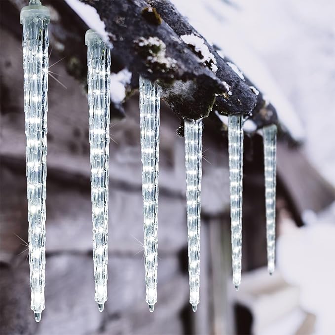 WATERGLIDE 16 Icicles Meteor Shower Lights, 12" Outdoor Icicle Christmas Lights 384 SMD LED Crystal Ice Falling Light, Connectable Raindrop Iciclelight, Xmas Winter Party Tree Holiday Decor, White
