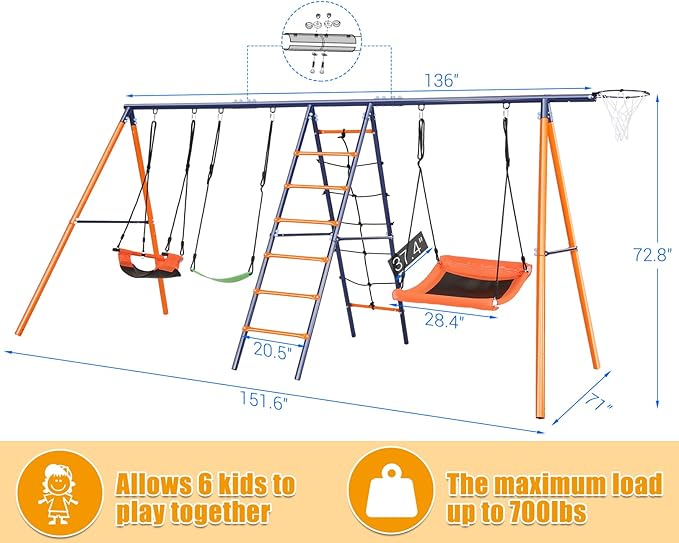 Swing Sets for Backyard 700 lbs - 6 in 1 Multifunction Swing Set Outdoor for Kids Playground, Larger Heavy Duty Metal Swing Stand with 3 Adjustable Swings, Climbing Ladder and Net, Basketball Hoop