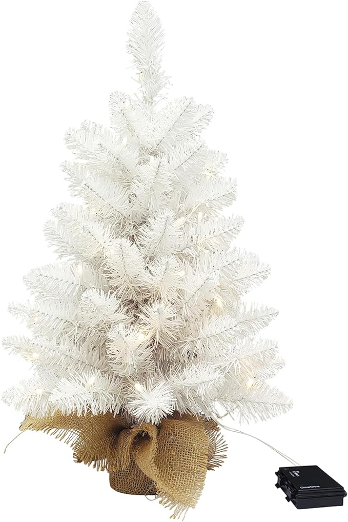 Pre-Lit White Christmas Tree, 2ft Christmas Tree with 50 Led Warm Lights, Artificial Christmas Tree with 72 Branch Tips, Battery Operated Small Xmas Tree for Table Desk Best Holiday Home Decorations