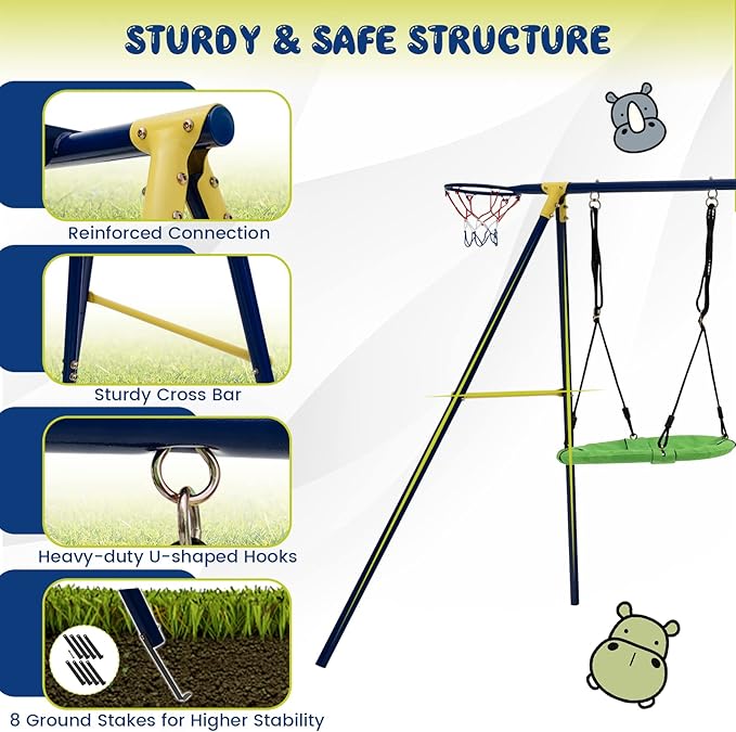 Costzon 660 lbs Swing Sets for Backyard, 7-in-1 Heavy Duty Extra Large Metal Swing Frame w/2 Swings, Glider, Gym Rings, Slide, Monkey Bar, Basketball Hoop, Play Equipment for Indoor Outdoor