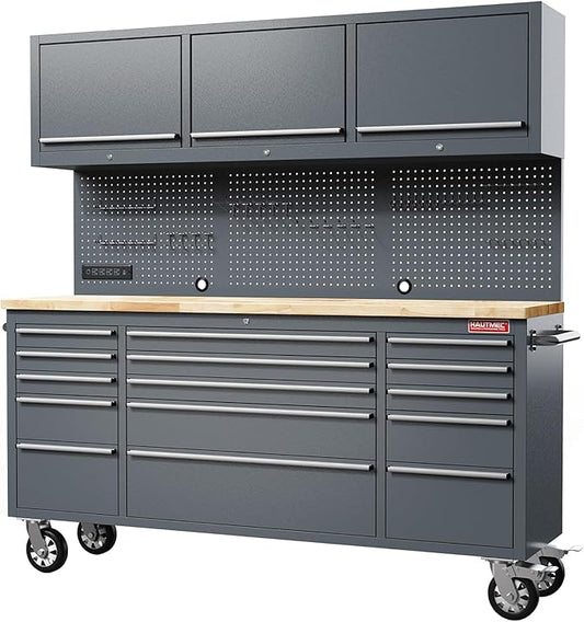HAUTMEC 72 Rolling Tool Chest, Mobile Garage Workbench, Heavy-Duty Tool Cabinet on Wheels with 15 Drawers, 3 Upper Cabinets, Pegboard & 51 Hooks, Oak Work Surface & Power Strip ? HT0428
