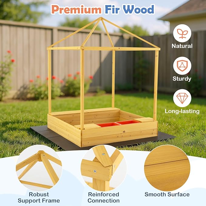 Costzon Kids Wooden Sandbox with Canopy, Outdoor Fir Wood Playhouse with Bottom Liner, Roll-up Door Curtains, Bench Seats & Storage Space, Sand Playground for Garden Backyard (Yellow&Blue)