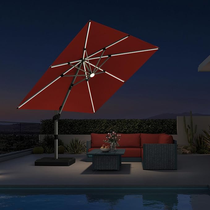 PURPLE LEAF Patio Umbrella with base 9 Feet Outdoor Square Cantilever Umbrella Solar Powered LED with 360-degree Rotation for Garden Deck Pool Patio, Brick Red