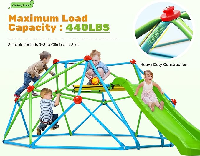 Zupapa Climbing Dome with Slide Max Load 440Lbs, 8FT Jungle Gym Monkey Bar for Backyard, 2 in 1 Outdoor Climbing Frame Toys for Toddlers Playground Set, Geometric Dome Climber for Kids Age 3-8
