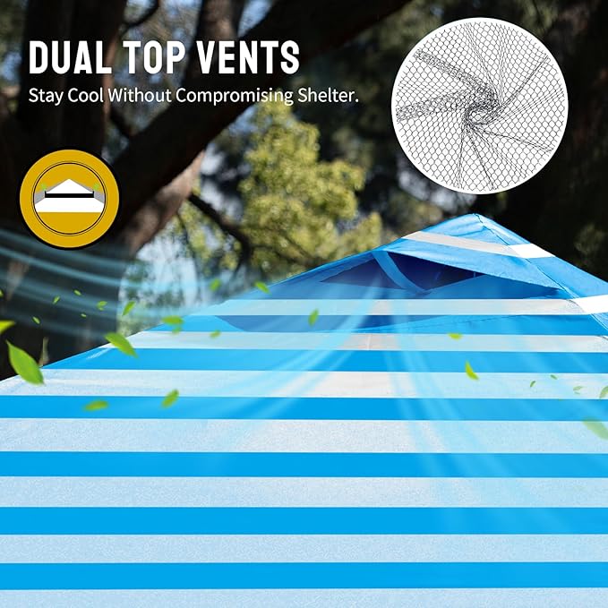 Crown Shades 10x10 Pop Up Canopy - Beach Tent with One Push Setup - Outdoor Sun Shade for Events, Parties, Camping - STO-N-Go Cover Bag, Silver Coated Top, 3 Height& 4 Sand Bags, Sky Blue Stripes